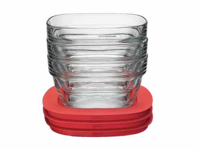 Glass food storage container with Easy Find Lids