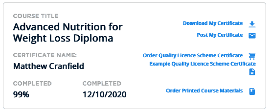 Advanced nutrition for weight loss diploma course completion cert